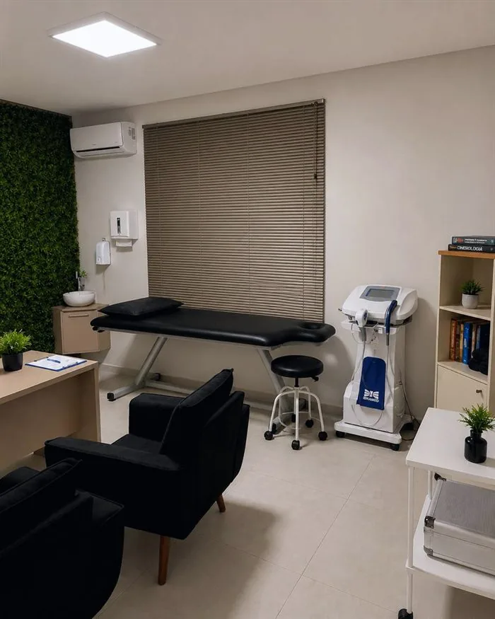 Sala de atendimento com maca e equipamento de recuperação