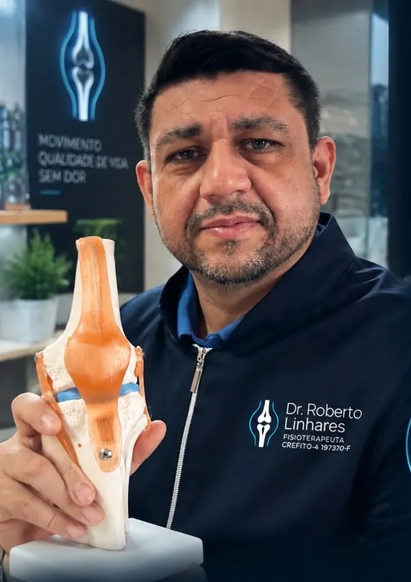 Dr. Roberto Linhares segurando um modelo anatômico do joelho